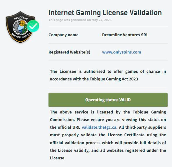 license of onlyspins